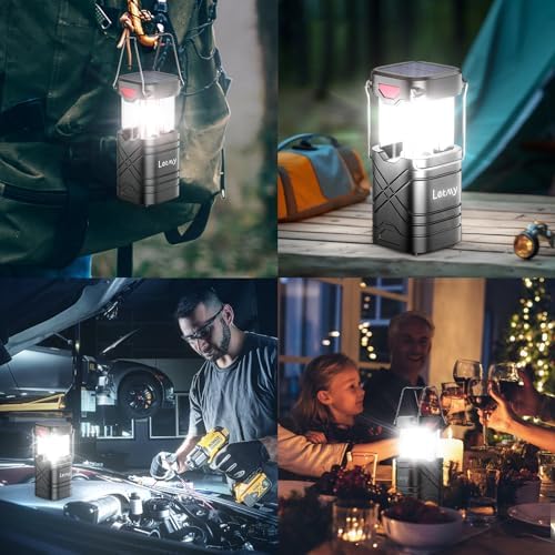 LETMY 4 Pack Camping Lantern, Rechargeable LED Lanterns, Solar Lantern Battery Powered Hurricane Lanterns Flashlight with 3 Powered Ways & USB Cable for Emergency, Power Outage, Hurricane Supplies