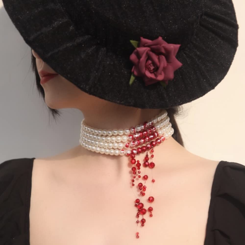 Handmade Vampire Choker, Dripping Blood Imitation Pearl Necklace Halloween Party Costume