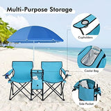 COSTWAY Double Portable Picnic Chairs, Folding Camping Chairs w/Detachable Umbrella, Cooler Bag, Cup Holders, Patio Beach Camping Chairs for Outdoors