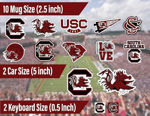 South Carolina Stickers (14 Piece) Gamecocks Gifts for Men Football Fans for Car Laptop Water Bottle + 2 Large USC Car Decals, 10 Water Bottle Size, 2 Keyboard Size