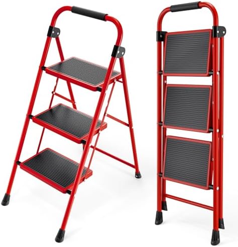 KINGRACK Step Ladder, 3 Step Ladder with with Anti-Slip and Wide Pedal,Portable Foldable Step Stool with Handgrip,Tall Sturdy Step Ladder for Home Kitchen Household,Red