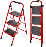 KINGRACK Step Ladder, 3 Step Ladder with with Anti-Slip and Wide Pedal,Portable Foldable Step Stool with Handgrip,Tall Sturdy Step Ladder for Home Kitchen Household,Red