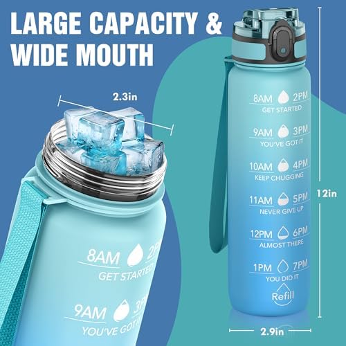 OLDLEY Water Bottle, 32oz Motivational Sports Water Bottle with Time Marker - Times to Drink - Tritan, BPA Free, Wide Mouth Leakproof, Luca (1 Bottle)