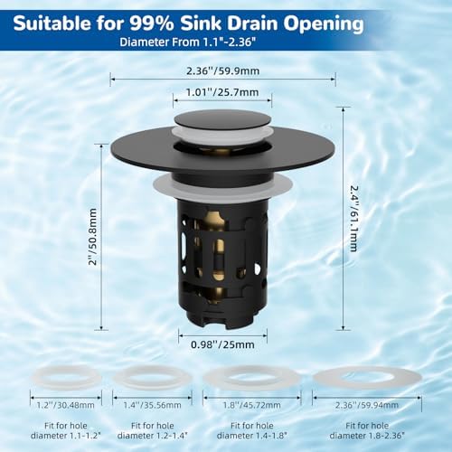 Hibbent Upgraded 3 in 1 Bathroom Sink Drain Strainer, Universal Pop Up Stopper, Removable Stainless Steel Filter Basket Hair Catcher, Sink Plug for 1.1''~2.36'' Basin, Brass Bullet Core, Matte Black