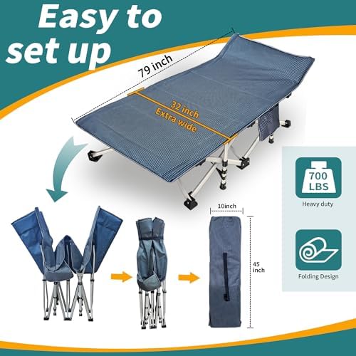 79" L x 32" W x 18" H Oversize XXL Camping Cot with Comfortable Mattress for Adults Extra Wide Cots for Sleeping Folding Cot Camping Bed Heavy Duty with Carry Bag for Home Office Outdoor