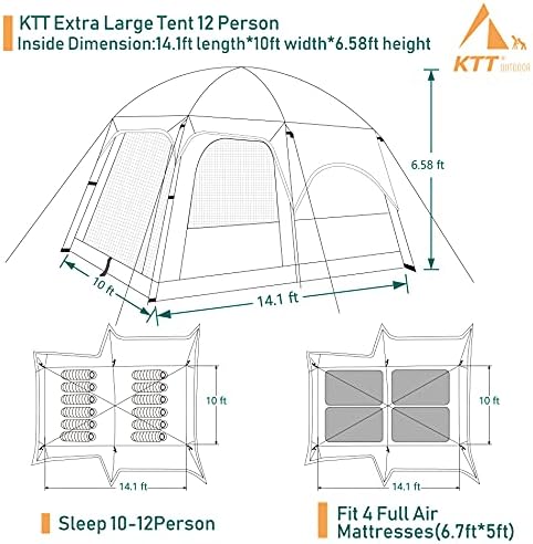 KTT Extra Large Tent 10-12-14 Person(Style-B),Family Cabin Tents,2 Rooms,3 Doors and 3 Windows with Mesh,Straight Wall,Waterproof,Double Layer,Big Tent for Outdoor,Picnic,Camping,Family Gathering