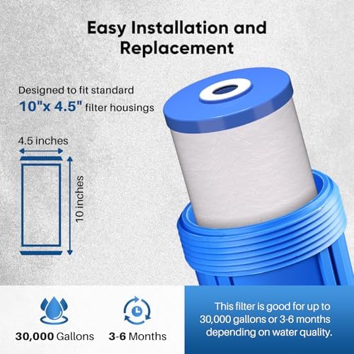PUREPLUS 5 Micron 10" x 4.5" Whole House FXHTC Sediment and Carbon Water Filter Replacement Cartridge for GXWH40L, GXWH35F, GNWH38S, RFC-BBSA, WRC25HD, PP10BB-CC, RFC-BB, WFHD13001, 4Pack