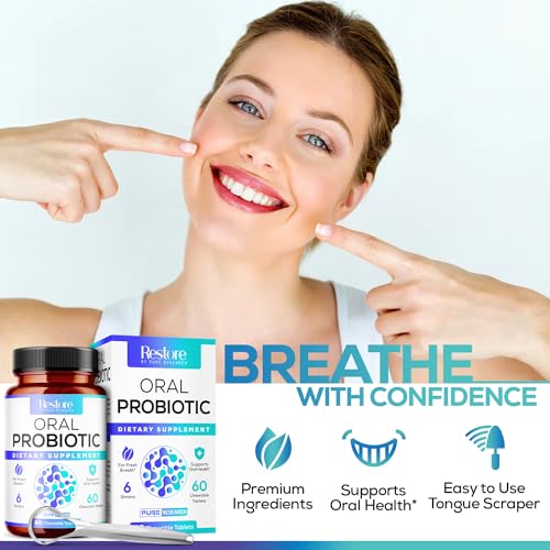 Oral Probiotics & Tongue Scraper for Bad Breath Support, Oral Health Maintenance, Fresh Breath Aid - 6 Probiotic Strains W/BLIS M18 - Supportive Oral Probiotic - 60 Chewable Tablets - Mint Flavored