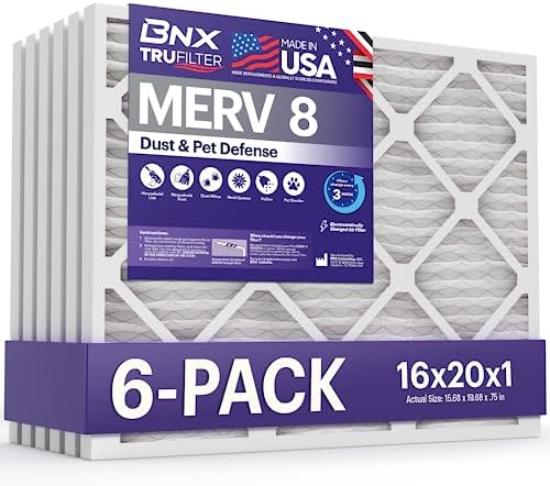 BNX TruFilter 16x20x1 Air Filter MERV 8 (6-Pack) - MADE IN USA – Dust & Pet Defense Electrostatic Pleated Air Conditioner HVAC AC Furnace Filters for Dust, Pet, Mold, Pollen MPR 600 – 700 & FPR 5