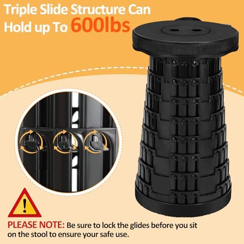 Collapsible Stool - Upgraded with 3 Slides Load Capacity 600lbs, Folding Camping Stool with 3-in-1 Carry Bag, Lightweight Sturdy Retractable Suitable for Camping Fishing Hiking BBQ (Black)