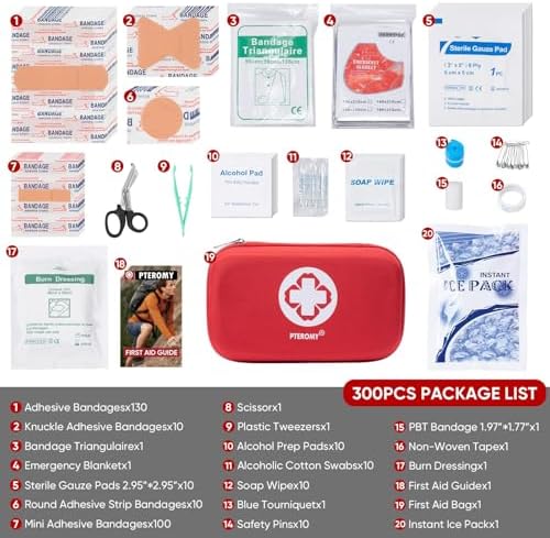 PTEROMY 300 Piece First Aid Kit, Portable Small Emergency Kits Compact 1st Aid Kit with Hard Storage Case for Car, Travel, Home, Camping, Outdoor, Hiking