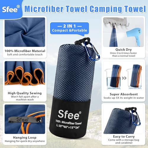 Sfee 2 Pack Microfiber Travel Towel, Quick Dry Large Beach Towel, Super Absorbent Compact Lightweight for Camping, Gym, Hiking, Pool, Backpacking, Bath, Yoga