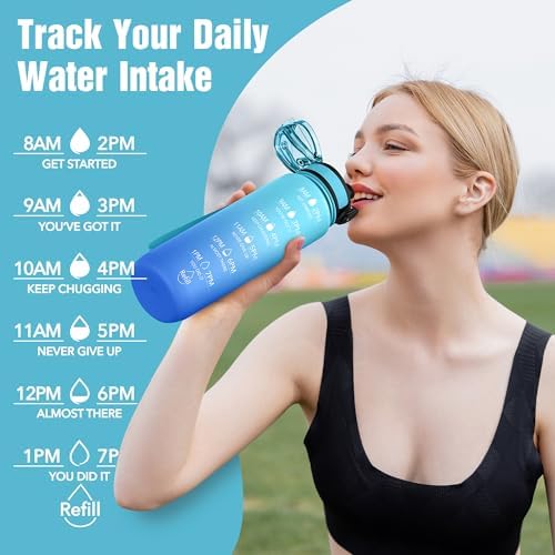 OLDLEY Water Bottle, 32oz Motivational Sports Water Bottle with Time Marker - Times to Drink - Tritan, BPA Free, Wide Mouth Leakproof, Sky (1 Bottle)