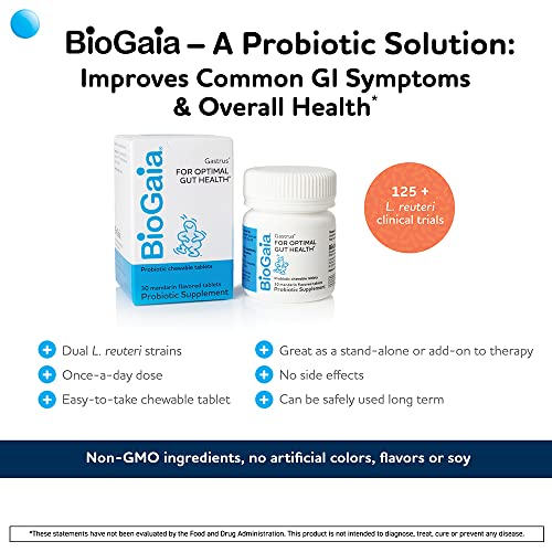 BioGaia Gastrus Chewable Tablets, Adult Probiotic Supplement for Stomach Discomfort, Constipation, Gas, Bloating, Regularity, Non-GMO, 30 Tablets, 1 Pack