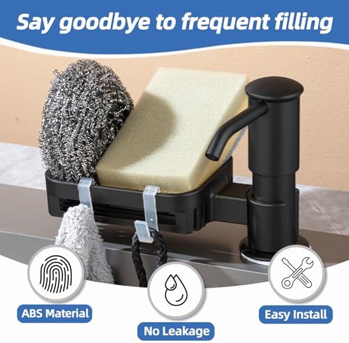 Soap Dispenser for Kitchen Sink, Built in Soap Dispenser Pump with Sponge Holder, Under Counter Black ABS Pump Head with 38" Extension Tube Kit, Good Suction Power (Black)