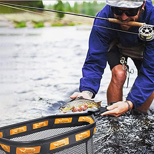PLUSINNO Floating Fishing Net for Steelhead, Salmon, Fly, Kayak, Catfish, Bass, Trout Fishing, Rubber Coated Landing Net for Easy Catch & Release, Compact & Foldable for Easy Transportation & Storage