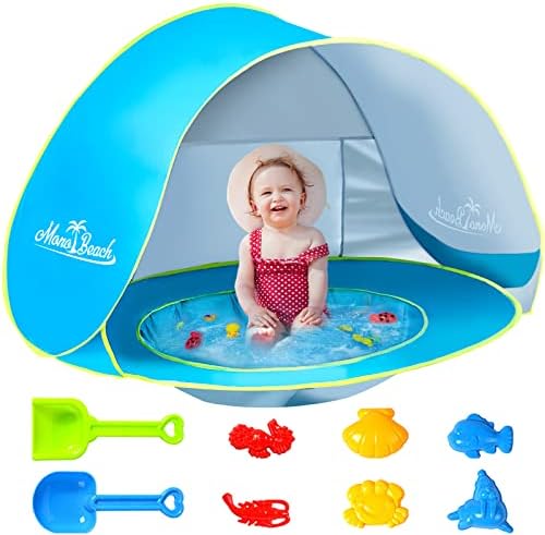 Monobeach Baby Beach Tent with Sand Toys Pop Up Portable Shade Pool UPF50+ UV Protection Sun Shelter for Infant with Easy Set Up Canopy (Blue with Sand Toys)