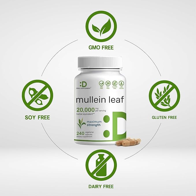 Mullein Leaf Extract 20,000mg, 240 Veggie Capsules – 4 Month Supply – Lung Cleanse & Detox Herbal Supplement – Supports Respiratory & Immune Health – Non-GMO, Vegan