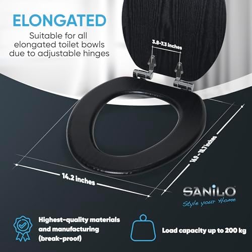 Sanilo Soft Close Toilet Seat ELONGATED, Quiet and Slow Close Lid and Seat, Strong Bumpers and Hinges, Black Wood