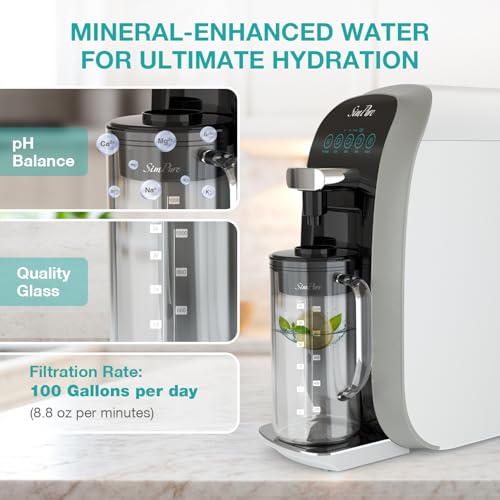 SimPure Y7T-BW-A Countertop Reverse Osmosis Water Filter, NSF/ANSI 58 Certified, 5 Stage RO Water Filtration System with Remineralization pH Balance, Water Purifier with Glass Pitcher, No Installation