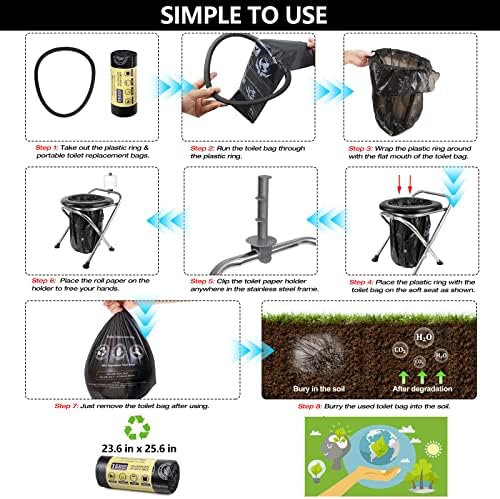 Upgraded Heavy Duty Stainless Steel Portable Toilet for Camping, Sturdy 350LBS Camp Toilet Portable, Portable Camping Toilet with Soft Seat/Toilet Bags, Black Folding Toilet for Hiking, Travel