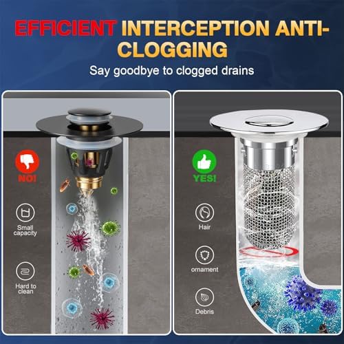 Bathroom Sink Drain Strainer, Pop Up Sink Drain Filter with Removable Stainless Steel Filter Basket Hair Catcher, Bathroom Sink Drain Stopper, for Us Bathroom Sink Stopper Replacement (2pcs)
