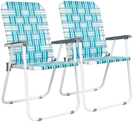 VINGLI Patio Lawn Webbed Folding Chairs Set of 2, Outdoor Beach Chair Portable Dining Chair for Outdoor Yard, Garden (White & Blue, Classic)