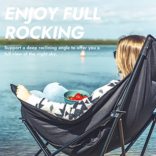 Dowinx Oversized Rocking Camping Chair, Fully Padded Patio Chair with Side Pocket and Carry Bag, High Back Portable Lawn Recliner with Headrest, Support 300 lbs, Black