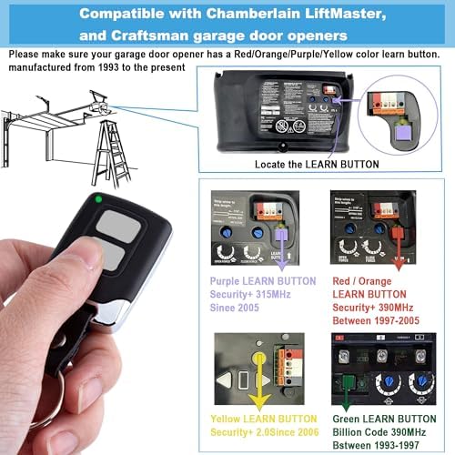 2 Garage Door Opener Remote, for Lift Master Chamberlain Craftsman Garage Door Opener Remote 893LM 893Max 891LM 971LM 973LM 371LM 373LM, Red Orange Green Yellow Purple Learn Button Garage Door Remote