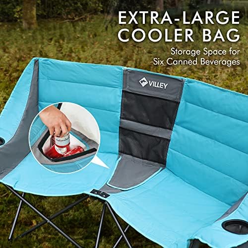 VILLEY Double Camping Chair w/Cooler Bag, Extra Wide Loveseat, Heavy Duty Padded Camping Couch, Portable Folding Chair w/Carry Bag Steel Frame Cup Holders for Camp Lawn Picnic Sports, Support 600LBS