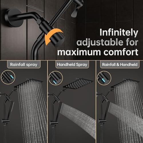 Veken 10" Luxurious All Metal Rain Shower Head with Handheld Spray Combo, High Pressure Rainfall Square Shower Heads with Extension Arm, Wide Dual Showerhead, Bathroom Accessories, Matte Black