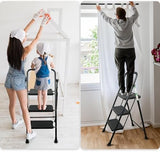 3 Step Ladder, Protable Steel Folding Stool with Wide Anti-Slip Pedal, 500lbs Sturdy Steel Ladder, Black