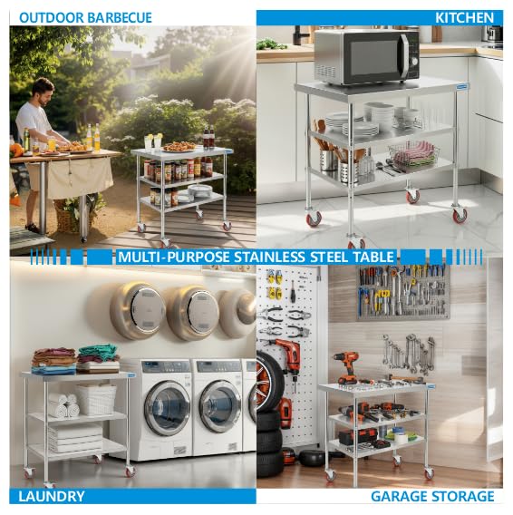 KUARBARR Stainless Steel Table with Wheels Stainless Steel Prep Table 24 x 30 Inch, NSF Commercial SS Metal Kitchen Prep Worktable for Restaurant Kitchen Garage Warehouse