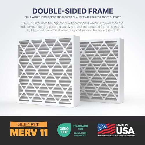 BNX TruFilter 20x20x4 (19.5’’ x 19.5’’ x 3.63‘’ Slim Fit) MERV 11 Air Filter 2-Pack - MADE IN USA - Air Conditioner Furnace Filters HVAC AC Furnace Filters for Dust, Pet, Mold, Pollen MPR 1200 FPR 7