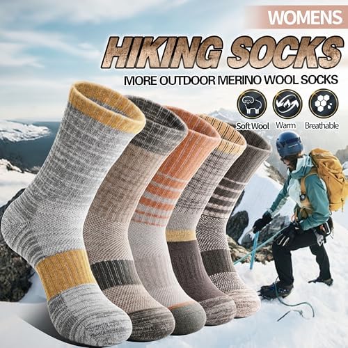 Anlisim Merino Wool Hiking Socks for Women Thermal Winter Warm Boot Work Cushion Socks 5 Pairs