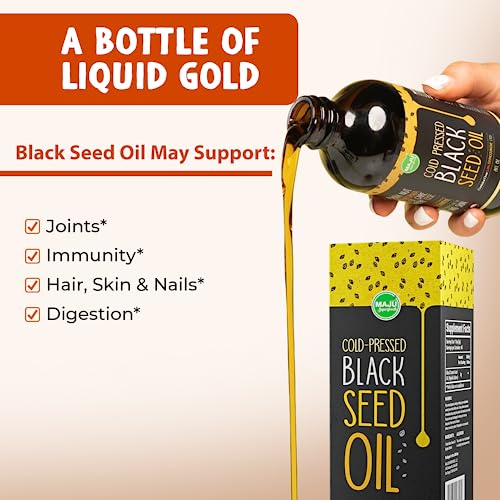 MAJU Black Seed Oil - 3 Times Thymoquinone, Cold-Pressed, 100% Turkish Black Cumin Seed Oil, Liquid Pure Blackseed Oil, Glass Bottle, 8 oz