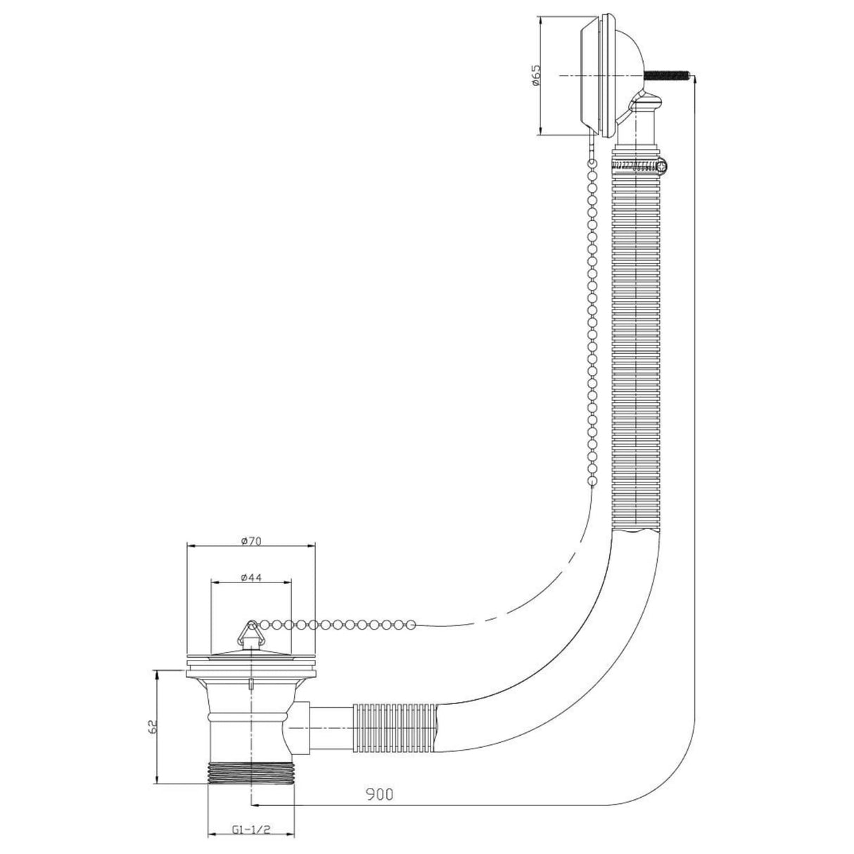 Chrome Retainer Bath Tub Waste Drain with Brass Plug & Overflow and Ball Chain