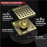 4 Inch Square Shower Floor Drain with Flange,Quadrato Pattern Grate Removable,Food-Grade SUS 304 Stainless Steel,Watermark&CUPC Certified, Brushed Gold