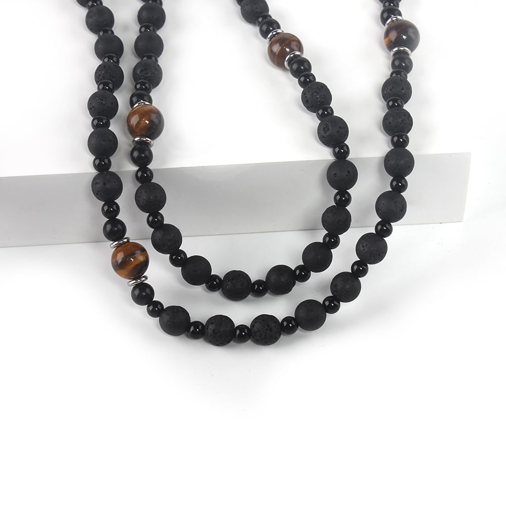 Rosary Necklace for Men, Black Catholic Rosary, Lava Rock Tiger Eye Beads Cross Necklace, Rosarios Catolicos Para Hombre (B)