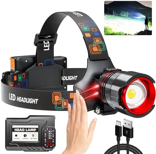 Rechargeable Headlamp High Lumens, Super Bright LED Head Lamp with Motion Sensor, 5 Modes, IPX7 Waterproof, 125° Adjustable, Zoomable Headlight for Adults, Camping, Cycling, Running