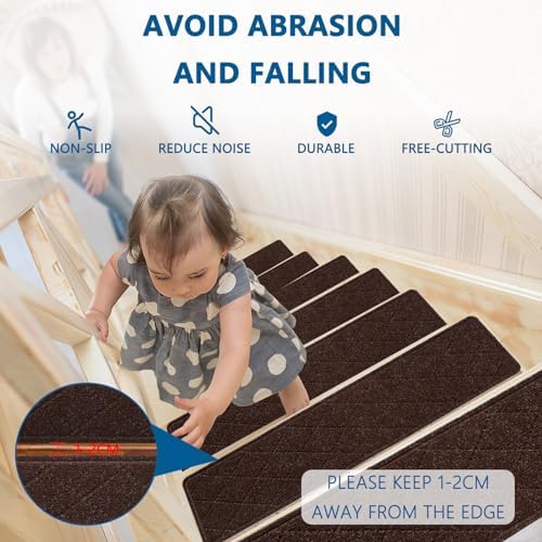 Stair Treads for Wooden Steps Indoor, 15 Pack 8" X 30" Non Slip Carpet Stair Treads with Reusable Adhesive for Kids Elders and Dogs, Surface Polyester TPR Backing Stair Rugs, Brown