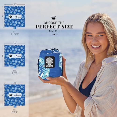 WEKAPO Beach Blanket Waterproof Sandproof Oversized, Extra Large Beach Mat Sand Free, Lightweight & Compact Sand Free Mat with 6 Stakes & 4 Corner Pockets