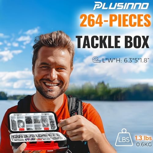 PLUSINNO 264/397pcs Fishing Accessories Kit, Organized Fishing Tackle Box with Tackle Included, Fishing Hooks, Fishing Weights Sinkers, Swivels, Beads, Fishing Gear Set Equipment for Bass Trout