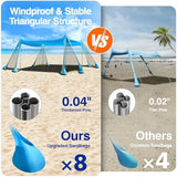 Rhino Valley Beach Tent Sun Shelter, Beach Canopy Tent Sun Shade UPF50+ Protection with 8 Sandbags 4 Stability Poles, Outdoor Beach Shade Canopy for Beach, Camping, Fishing