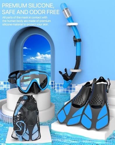 Snorkeling Gear for Adults Men Women,4 in 1 Snorkel Set with Panoramic View Diving Mask Anti-Fog Anti-Leak,Dry Top Snorkel,Fins and Travel Bag for Swimming,Snorkeling and Travel Diving