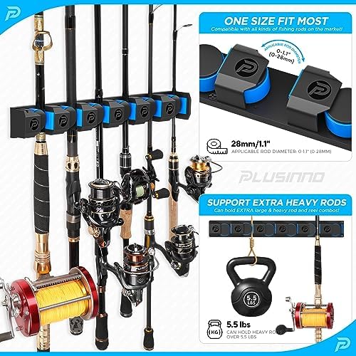 PLUSINNO Fishing Gifts for Men - V6 Vertical Fishing Rod/Pole Holders, Support Extra Large & Heavy Fishing Rod Combos, Fishing Rod Holders for Garage, Wall Mounted Fishing Rod Rack Storage