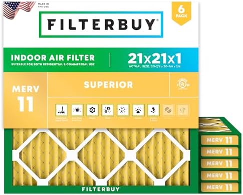 Filterbuy 21x21x1 Air Filter MERV 11 Allergen Defense (6-Pack), Pleated HVAC AC Furnace Air Filters Replacement (Actual Size: 20.88 x 20.88 x 0.75 Inches)