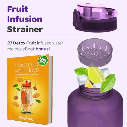 Hydracy Water Bottle with Time Marker -Large BPA Free Water Bottle & No Sweat Sleeve -Leak Proof Gym Bottle with Fruit Infuser Strainer & Times to Drink -Ideal for Fitness Sports & Outdoors