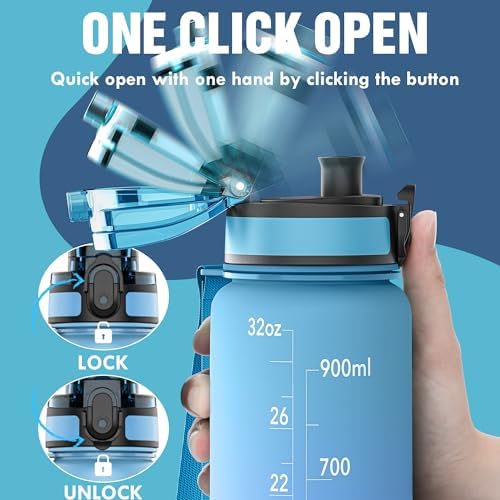 OLDLEY Water Bottle, 32oz Motivational Sports Water Bottle with Time Marker - Times to Drink - Tritan, BPA Free, Wide Mouth Leakproof, Sky (1 Bottle)