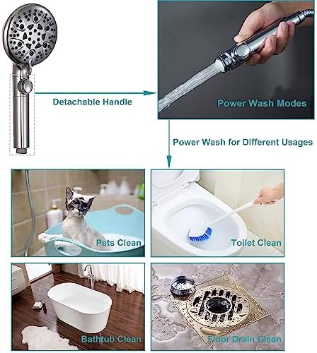 Handheld Shower Head with On Off Switch 8-Mode High Pressure Showerhead with 79 Inches Extra-long Stainless Steel Hose and Bracket PLUS Extra Low-Reach Adhesive Wall Mount for Kids,Silver…